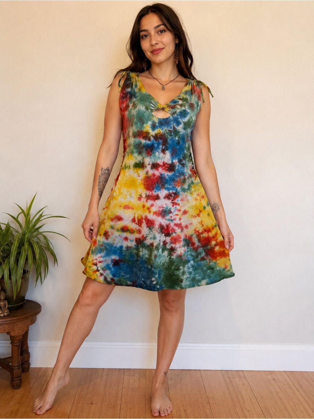 VTG Tie Dye Cut Out Dress Rainbow Large Festival Grunge Goblin Rave Dead Head